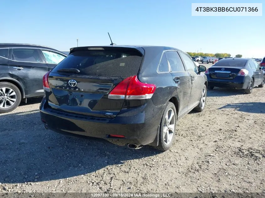 2012 Toyota Venza Base V6 VIN: 4T3BK3BB6CU071366 Lot: 12097330