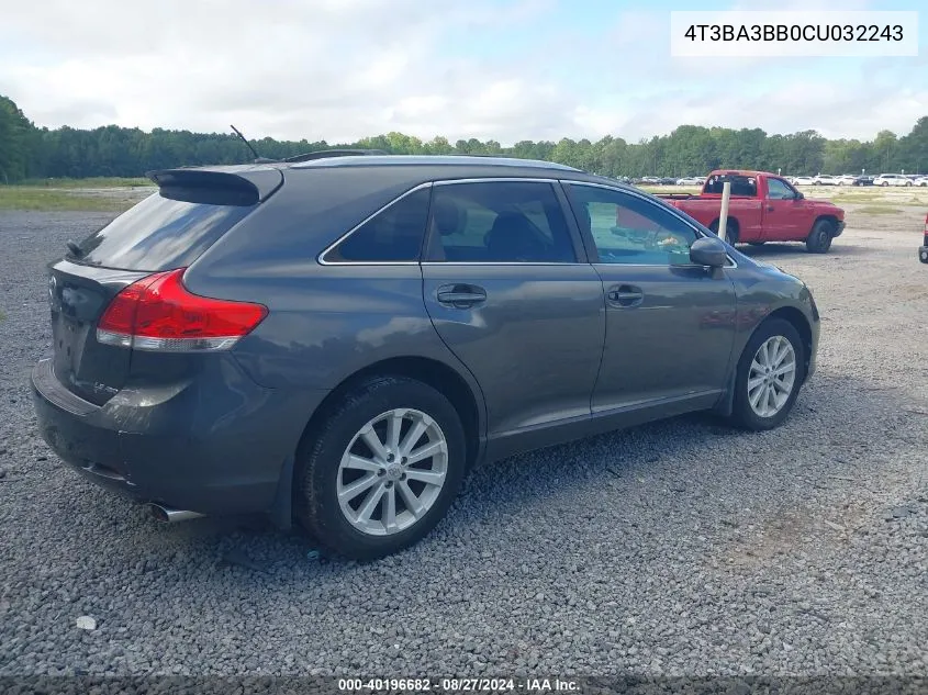 2012 Toyota Venza Le VIN: 4T3BA3BB0CU032243 Lot: 40196682