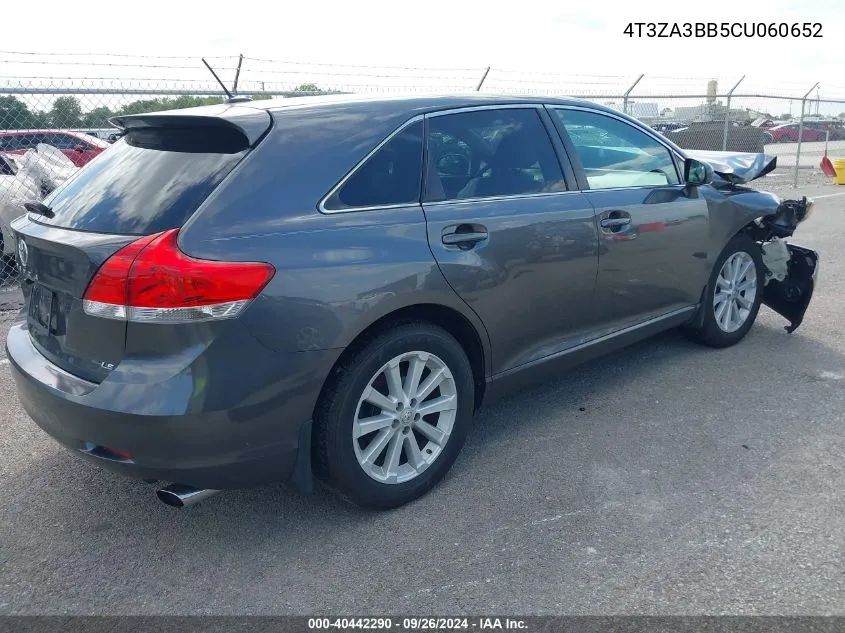 2012 Toyota Venza Le VIN: 4T3ZA3BB5CU060652 Lot: 40442290