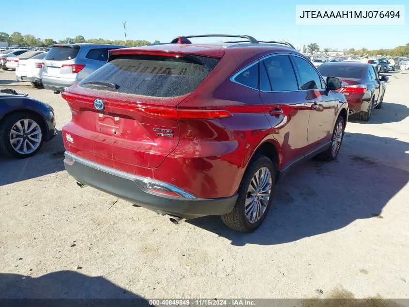 2021 Toyota Venza Limited VIN: JTEAAAAH1MJ076494 Lot: 40849849