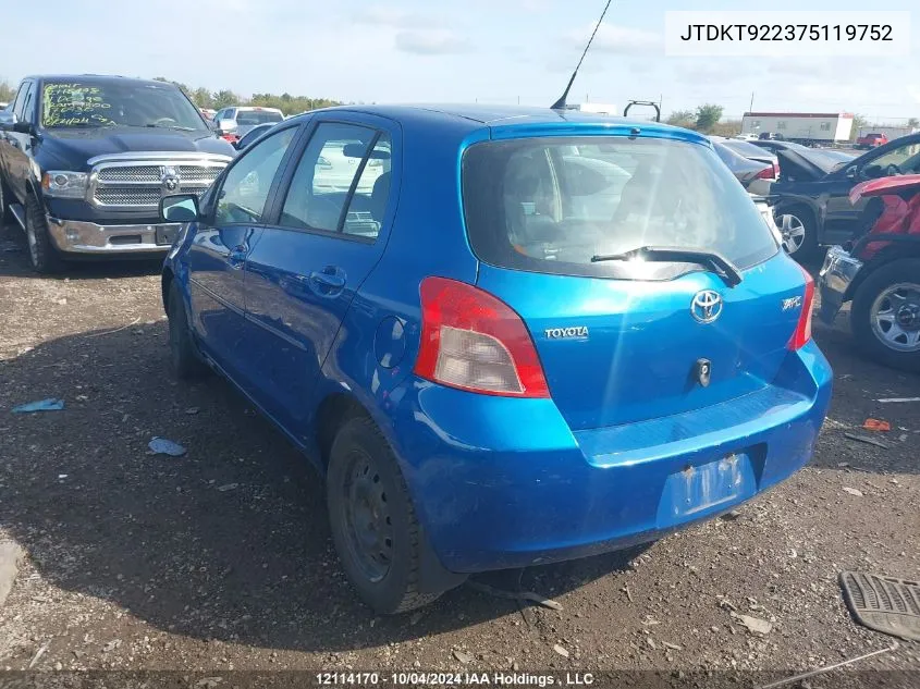 2007 Toyota Yaris VIN: JTDKT922375119752 Lot: 12114170