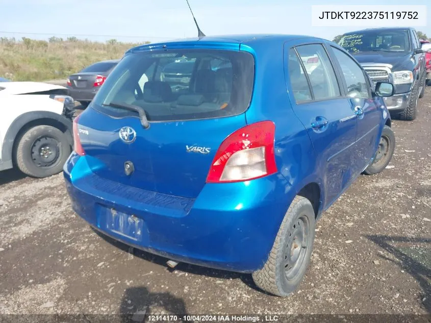 2007 Toyota Yaris VIN: JTDKT922375119752 Lot: 12114170