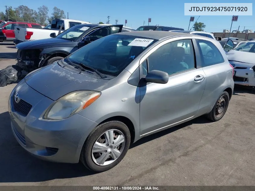 2007 Toyota Yaris VIN: JTDJT923475071920 Lot: 40562131