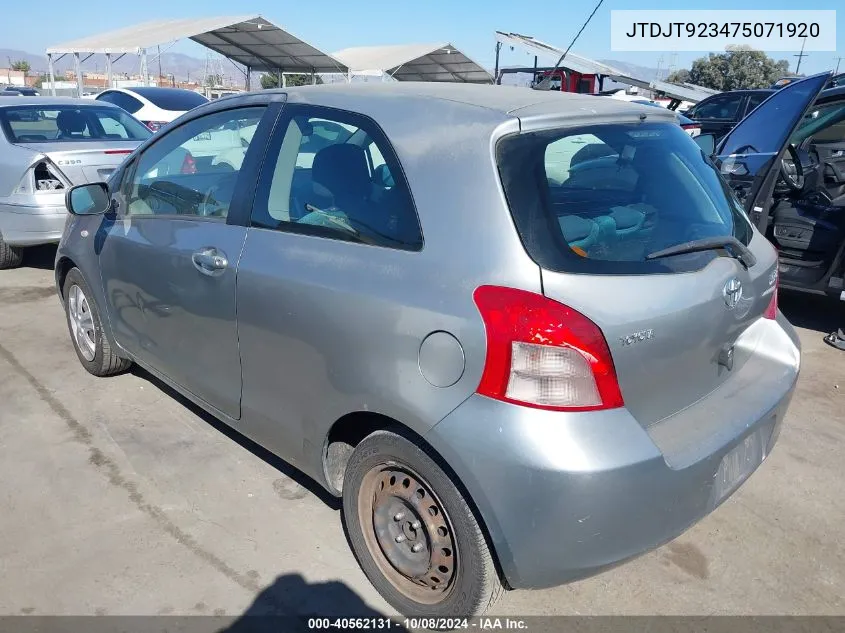 2007 Toyota Yaris VIN: JTDJT923475071920 Lot: 40562131