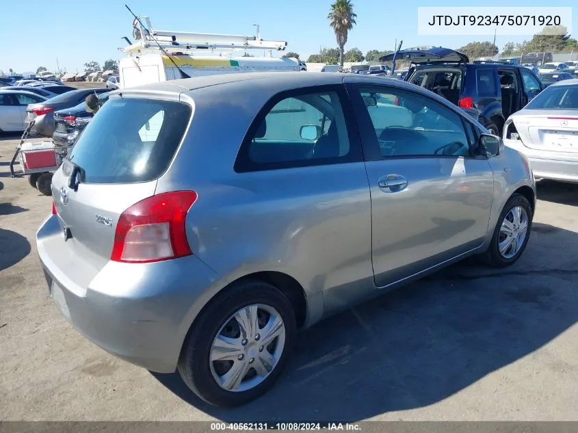 2007 Toyota Yaris VIN: JTDJT923475071920 Lot: 40562131