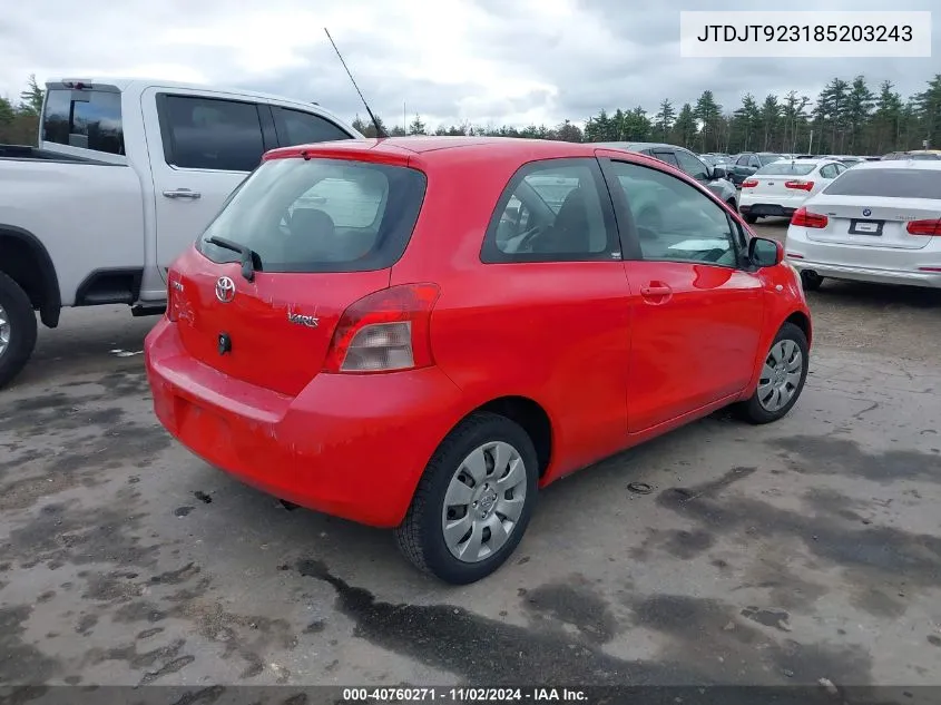 2008 Toyota Yaris VIN: JTDJT923185203243 Lot: 40760271