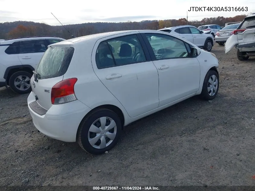 2010 Toyota Yaris VIN: JTDKT4K30A5316663 Lot: 40729867