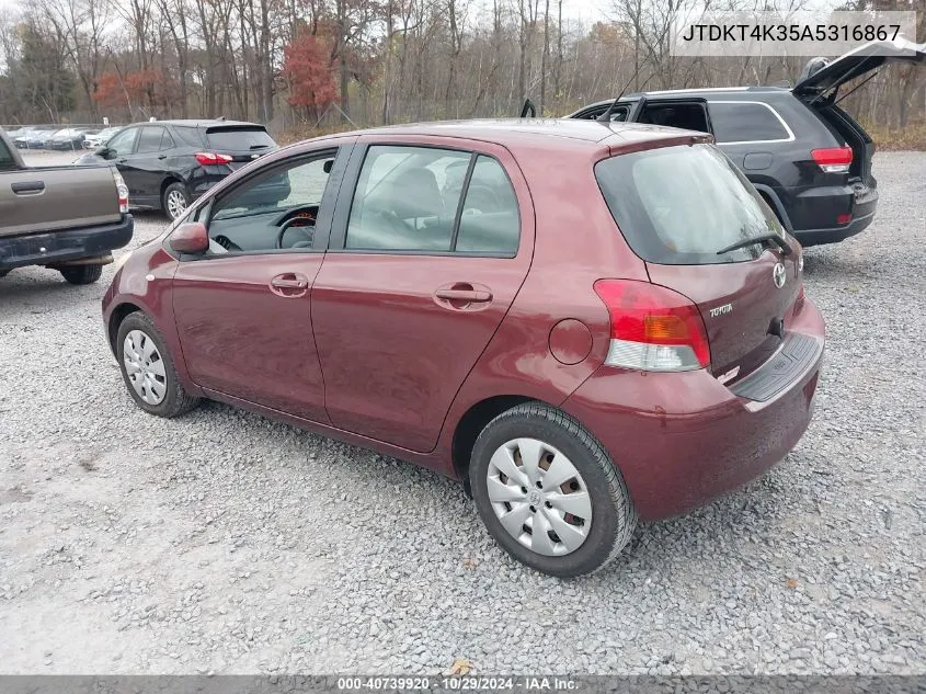 2010 Toyota Yaris VIN: JTDKT4K35A5316867 Lot: 40739920