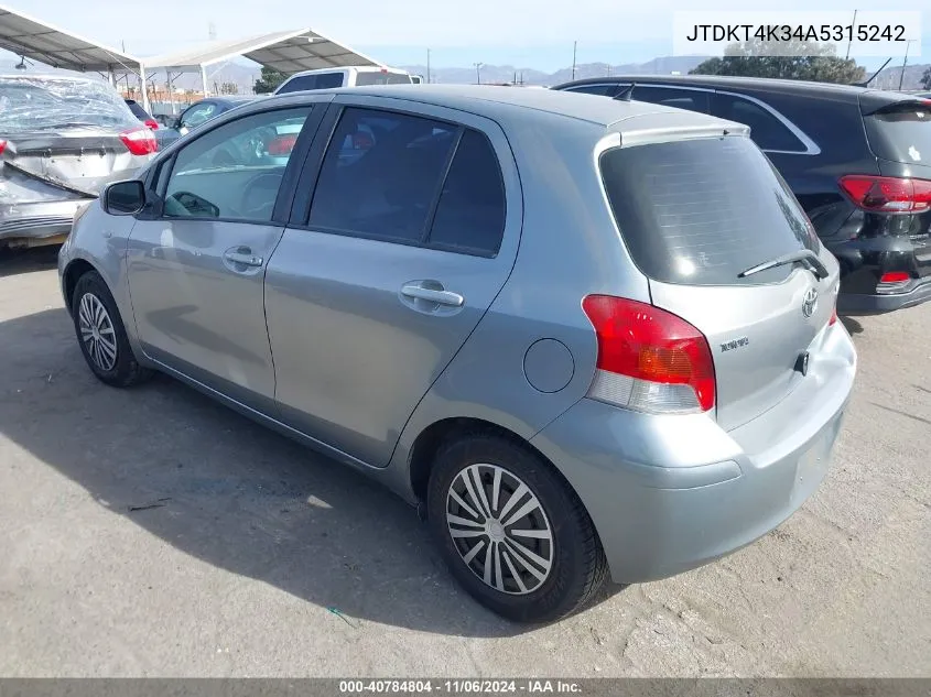 2010 Toyota Yaris VIN: JTDKT4K34A5315242 Lot: 40784804