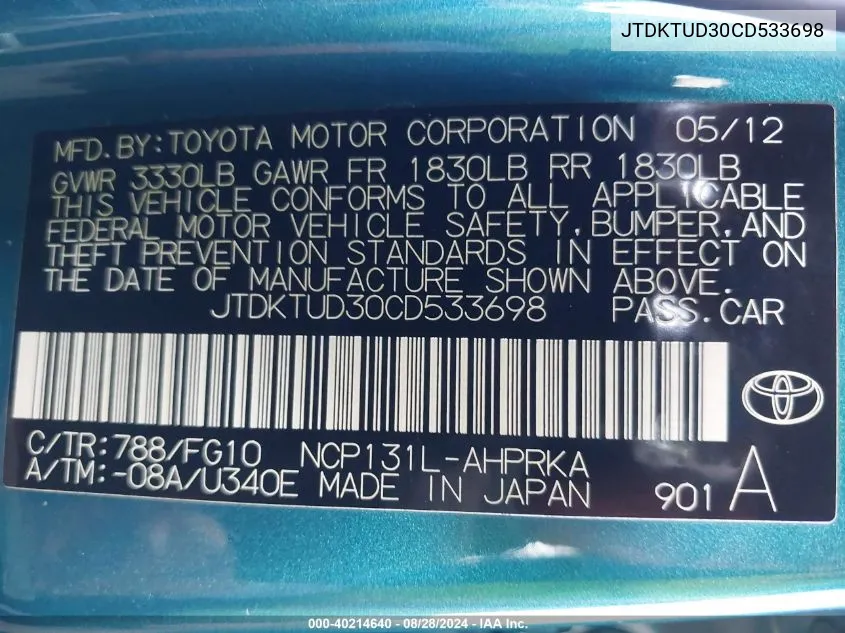 JTDKTUD30CD533698 2012 Toyota Yaris Le