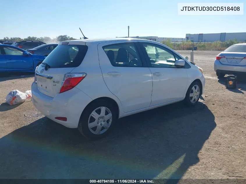 2012 Toyota Yaris Le VIN: JTDKTUD30CD518408 Lot: 40794105