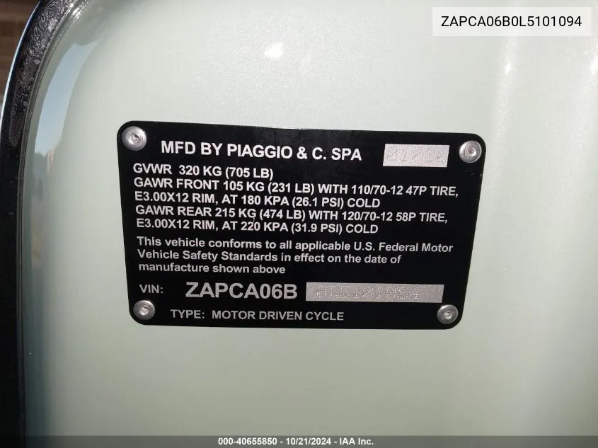 2020 Vespa Primavera50 4Vie VIN: ZAPCA06B0L5101094 Lot: 40655850