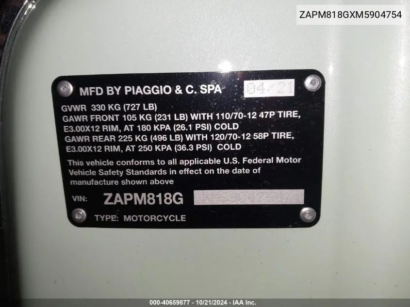 2021 Vespa Primavera/Sprint 150 VIN: ZAPM818GXM5904754 Lot: 40659877