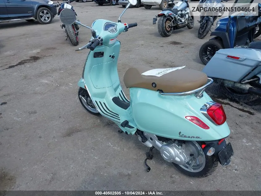 2022 Vespa Primavera/Sprint 50 VIN: ZAPCA06B4N5104664 Lot: 40502505