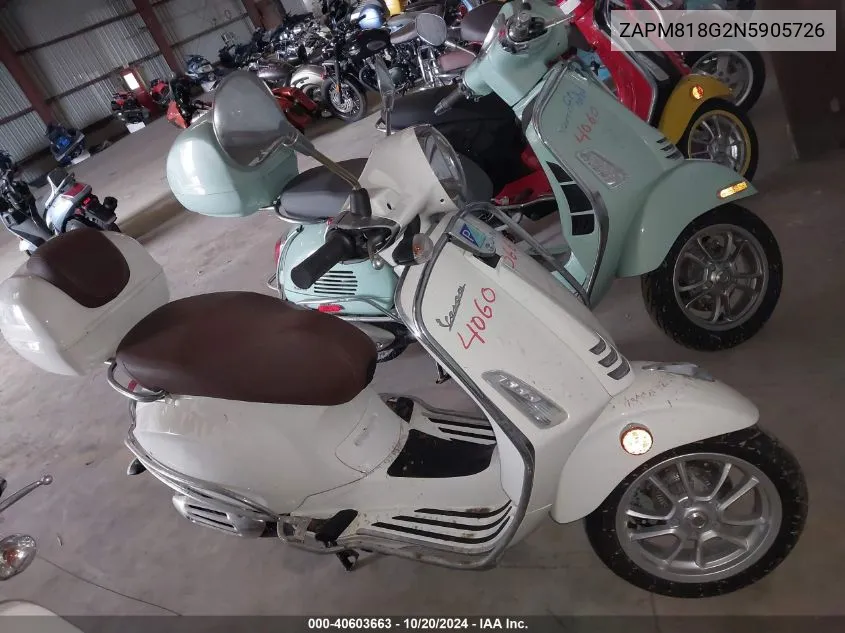 2022 Vespa Primavera/Sprint 150 VIN: ZAPM818G2N5905726 Lot: 40603663