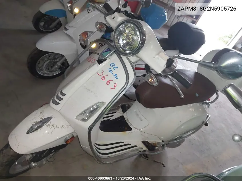 2022 Vespa Primavera/Sprint 150 VIN: ZAPM818G2N5905726 Lot: 40603663