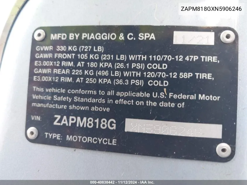 2022 Vespa Primavera/Sprint 150 VIN: ZAPM818GXN5906246 Lot: 40838442