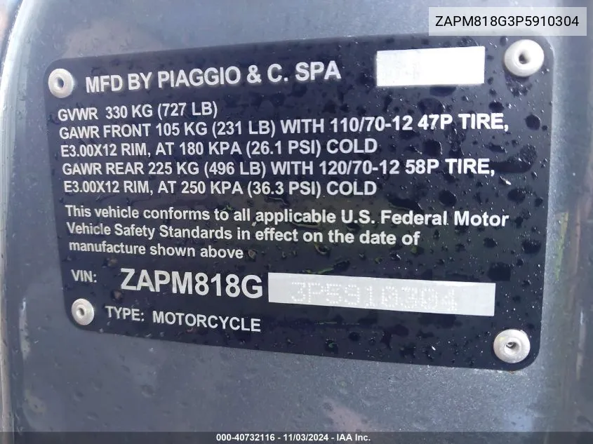 2023 Vespa Primavera/Sprint 150 VIN: ZAPM818G3P5910304 Lot: 40732116