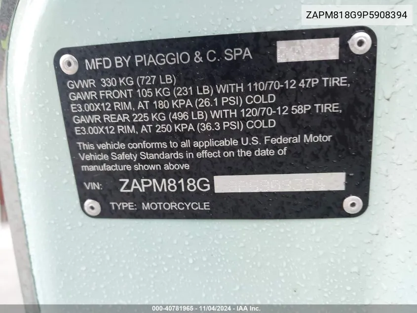 2023 Vespa Primavera/Sprint 150 VIN: ZAPM818G9P5908394 Lot: 40781965