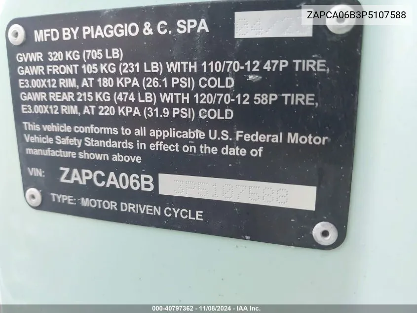 2023 Vespa Primavera/Sprint 50 VIN: ZAPCA06B3P5107588 Lot: 40797362