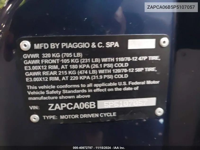 2023 Vespa Primavera/Sprint 50 VIN: ZAPCA06B5P5107057 Lot: 40872787