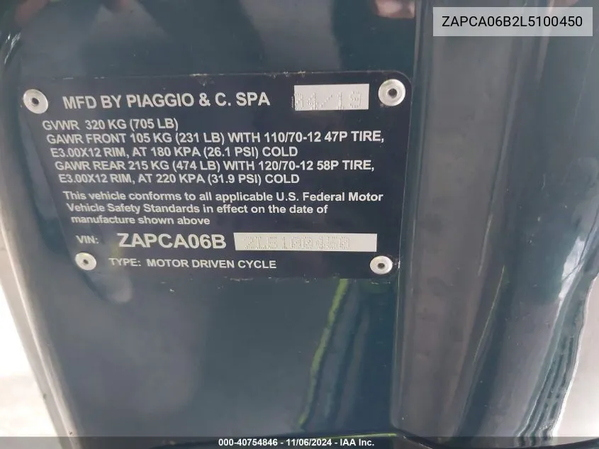 2020 Vespa Primavera VIN: ZAPCA06B2L5100450 Lot: 40754846