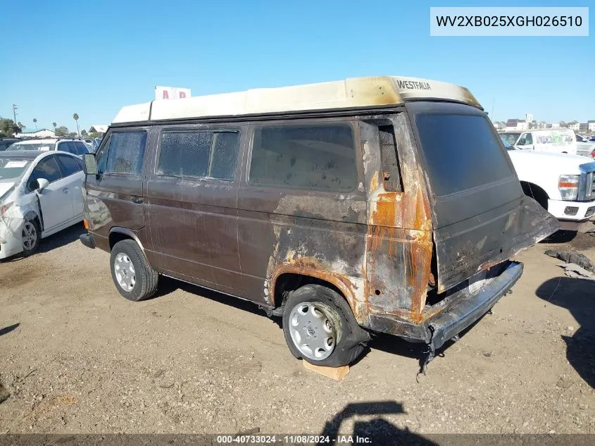 1986 Volkswagen Vanagon Kombi VIN: WV2XB025XGH026510 Lot: 40733024