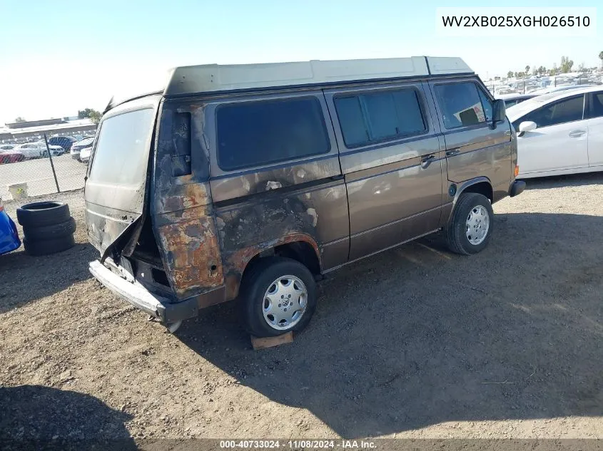 1986 Volkswagen Vanagon Kombi VIN: WV2XB025XGH026510 Lot: 40733024