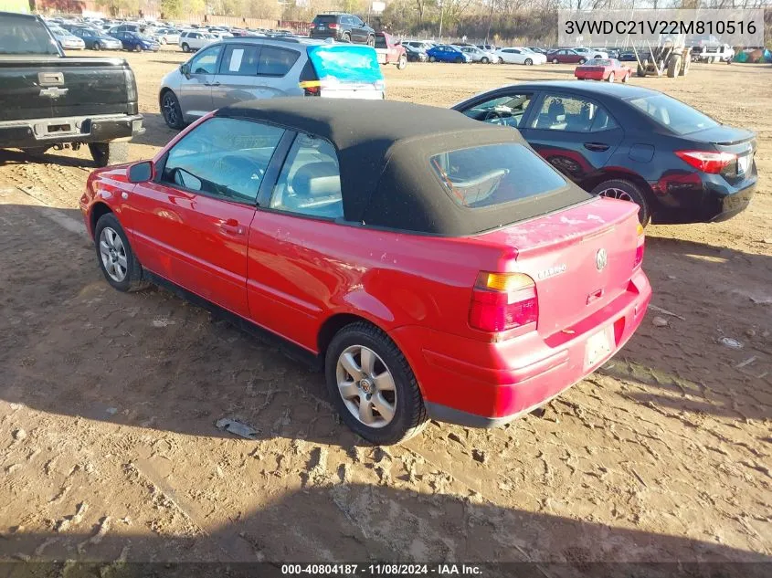 2002 Volkswagen Cabrio Glx VIN: 3VWDC21V22M810516 Lot: 40804187