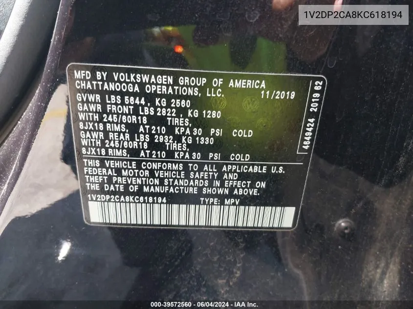 2019 Volkswagen Atlas 2.0T Se VIN: 1V2DP2CA8KC618194 Lot: 39572560