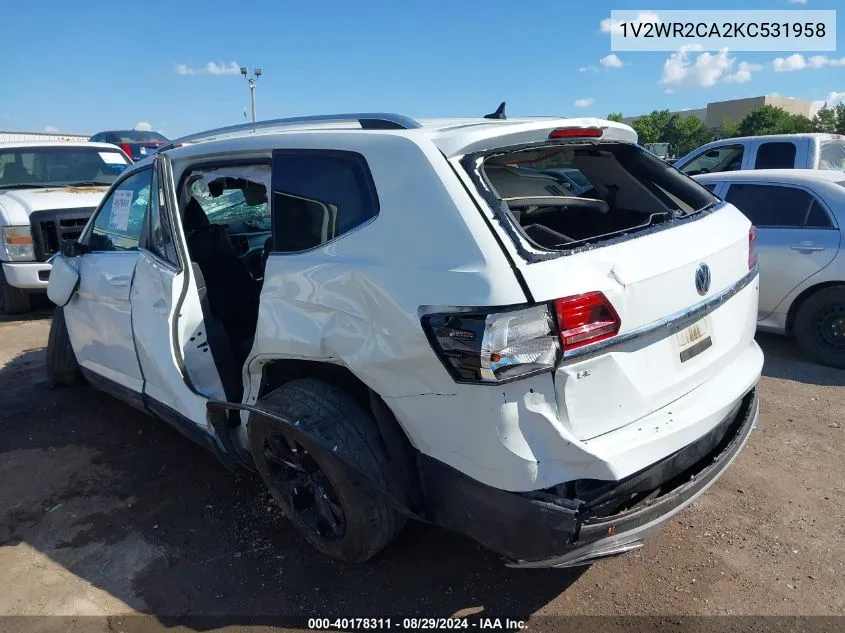 2019 Volkswagen Atlas 3.6L V6 Se W/Technology VIN: 1V2WR2CA2KC531958 Lot: 40178311