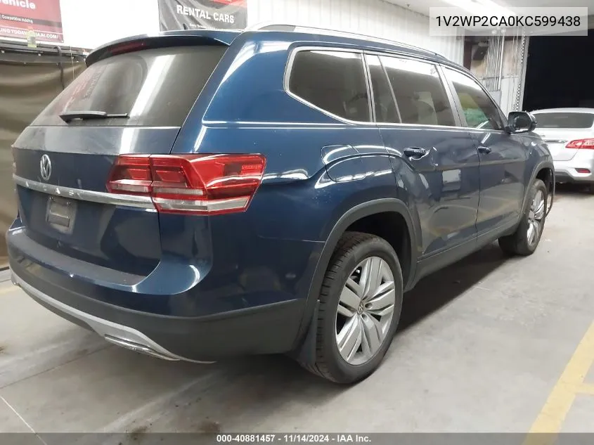 2019 Volkswagen Atlas 2.0T Se W/Technology VIN: 1V2WP2CA0KC599438 Lot: 40881457