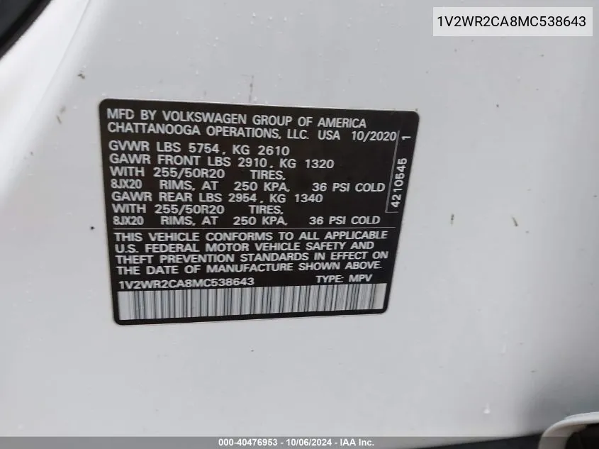 1V2WR2CA8MC538643 2021 Volkswagen Atlas Se