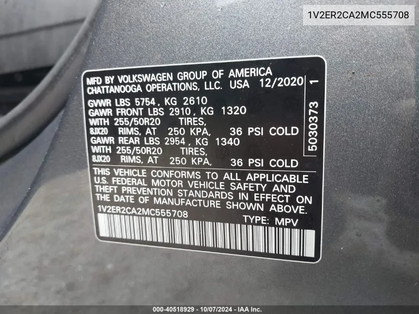 1V2ER2CA2MC555708 2021 Volkswagen Atlas Sel