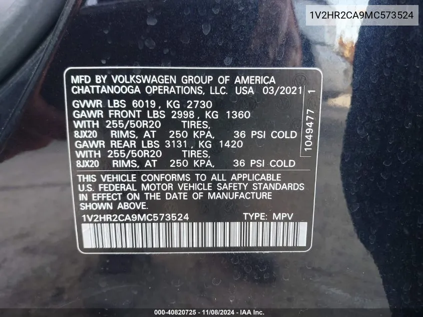 2021 Volkswagen Atlas 3.6L V6 Se W/Technology VIN: 1V2HR2CA9MC573524 Lot: 40820725