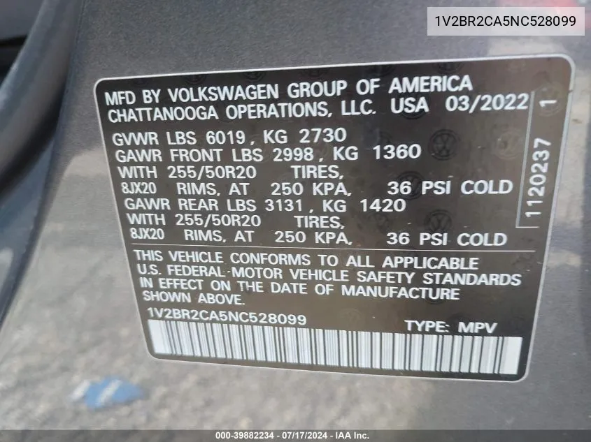 2022 Volkswagen Atlas 3.6L V6 Sel VIN: 1V2BR2CA5NC528099 Lot: 39882234