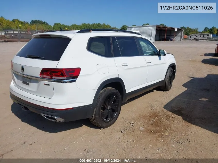 2022 Volkswagen Atlas 3.6L V6 Se W/Technology VIN: 1V2HR2CA0NC511026 Lot: 40310202