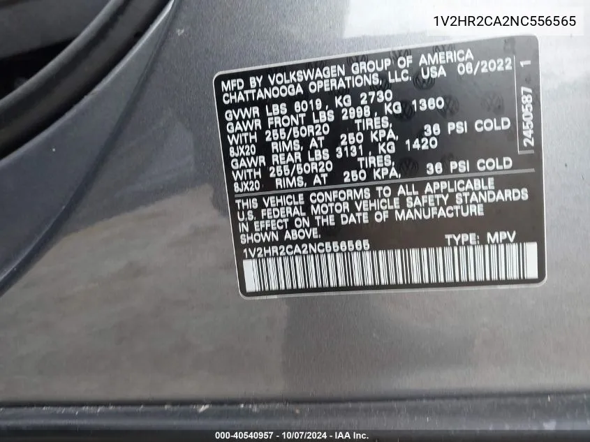 1V2HR2CA2NC556565 2022 Volkswagen Atlas 3.6L V6 Se W/Technology