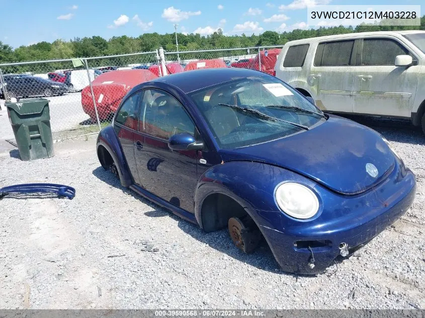 2002 Volkswagen New Beetle Gls 1.8L Turbo VIN: 3VWCD21C12M403228 Lot: 39590568