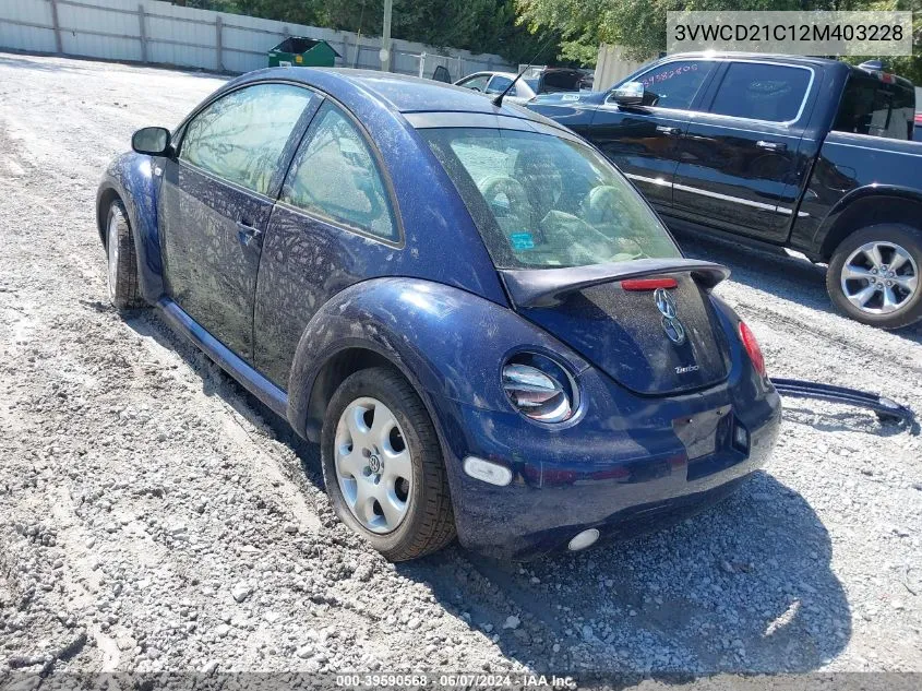 2002 Volkswagen New Beetle Gls 1.8L Turbo VIN: 3VWCD21C12M403228 Lot: 39590568