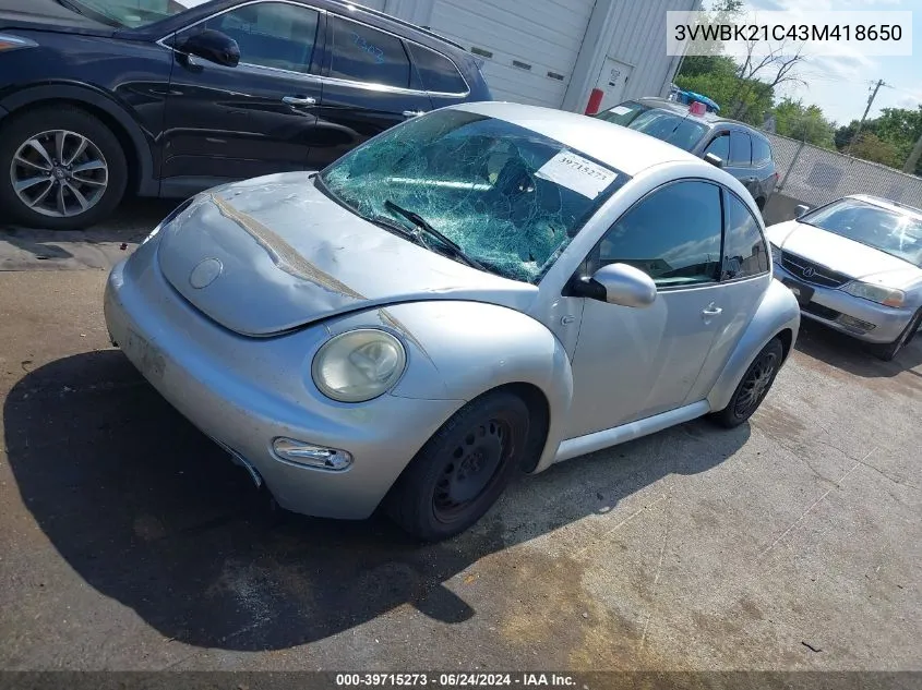 2003 Volkswagen New Beetle Gl VIN: 3VWBK21C43M418650 Lot: 39715273