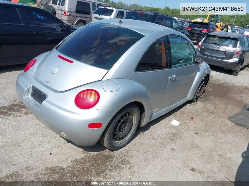 2003 Volkswagen New Beetle Gl VIN: 3VWBK21C43M418650 Lot: 39715273