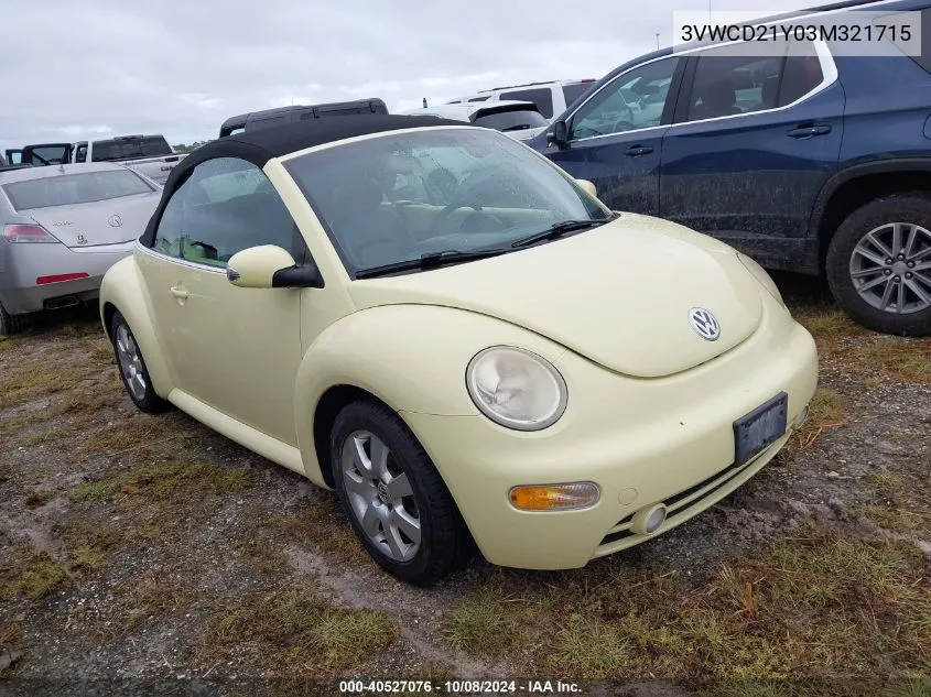 2003 Volkswagen New Beetle Gls 1.8T VIN: 3VWCD21Y03M321715 Lot: 40527076