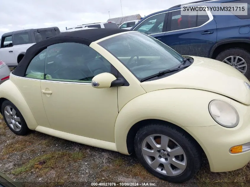 2003 Volkswagen New Beetle Gls 1.8T VIN: 3VWCD21Y03M321715 Lot: 40527076