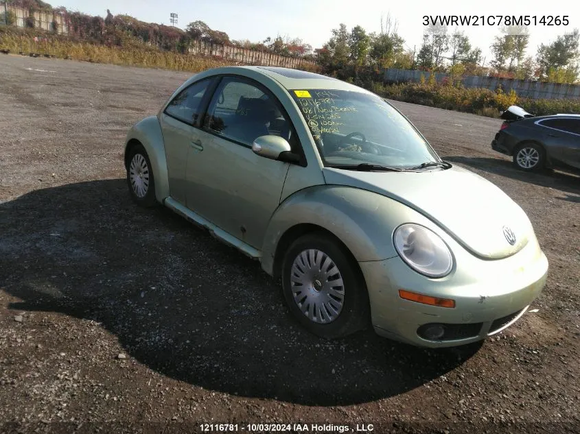 2008 Volkswagen New Beetle VIN: 3VWRW21C78M514265 Lot: 12116781