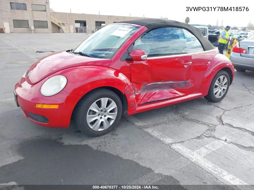 2008 Volkswagen New Beetle 2.5 VIN: 3VWPG31Y78M418576 Lot: 40670377