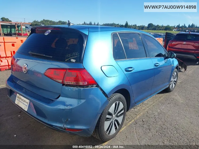 2016 Volkswagen E-Golf Se VIN: WVWKP7AU0GW914898 Lot: 40416052