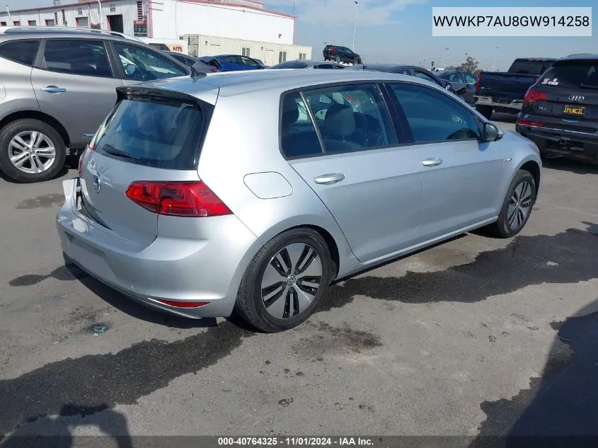 WVWKP7AU8GW914258 2016 Volkswagen E-Golf Se