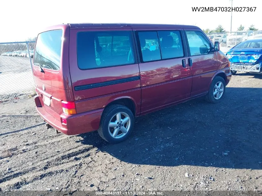 2002 Volkswagen Eurovan Mv VIN: WV2MB47032H027367 Lot: 40843197