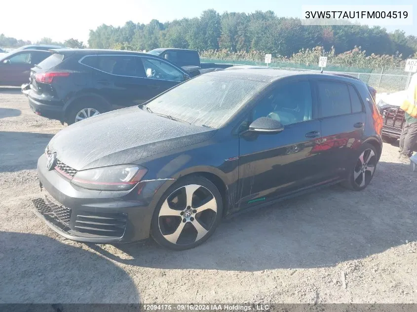 2015 Volkswagen Golf Gti VIN: 3VW5T7AU1FM004519 Lot: 12094175